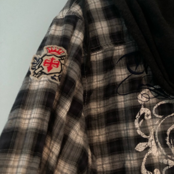EXPRESS Truth & Valor Emblem Button Down Hoodie - Plaid Black, Grey & White.💥 - Picture 4 of 13
